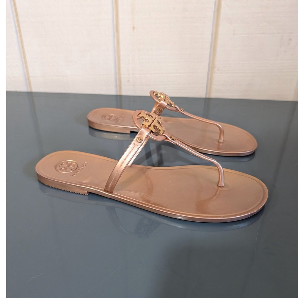 Tory Burch Mini Miller Jelly Thong Sandals Rose Gold Metallic Logo Size 9